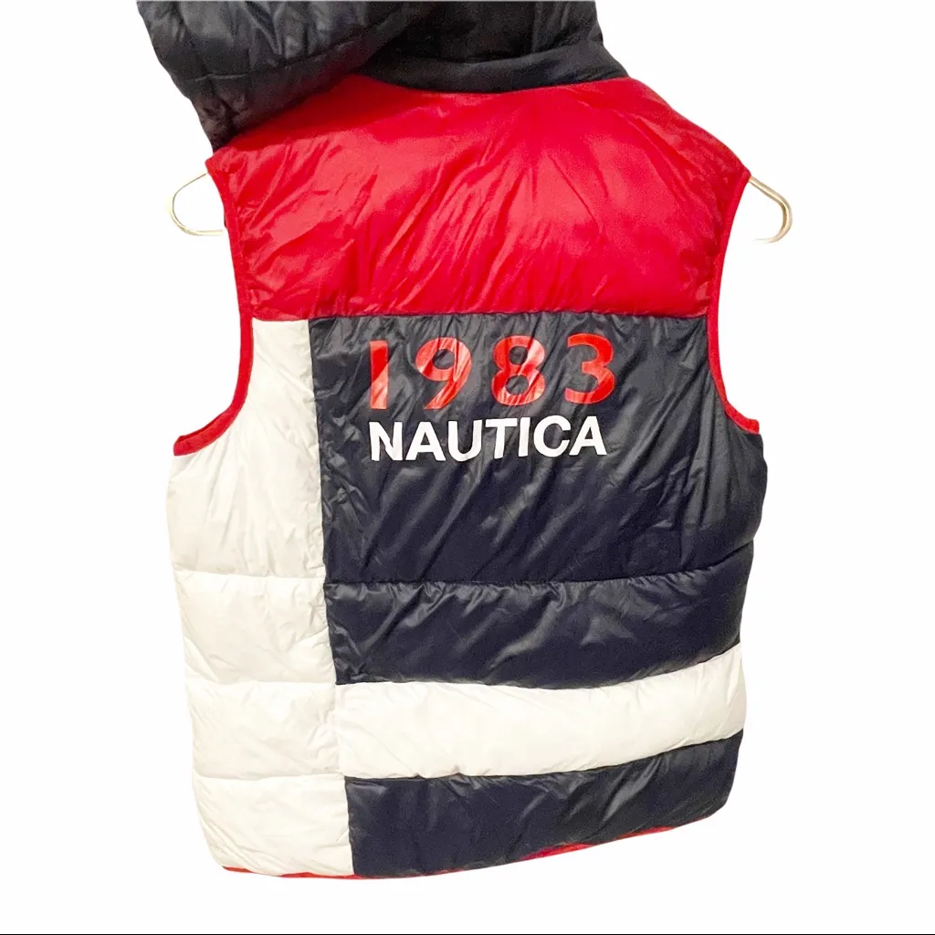 Nautica‎ Unisex Small Red White Blue Puffer Spellout Hooded Full Zip Vest - Image 5
