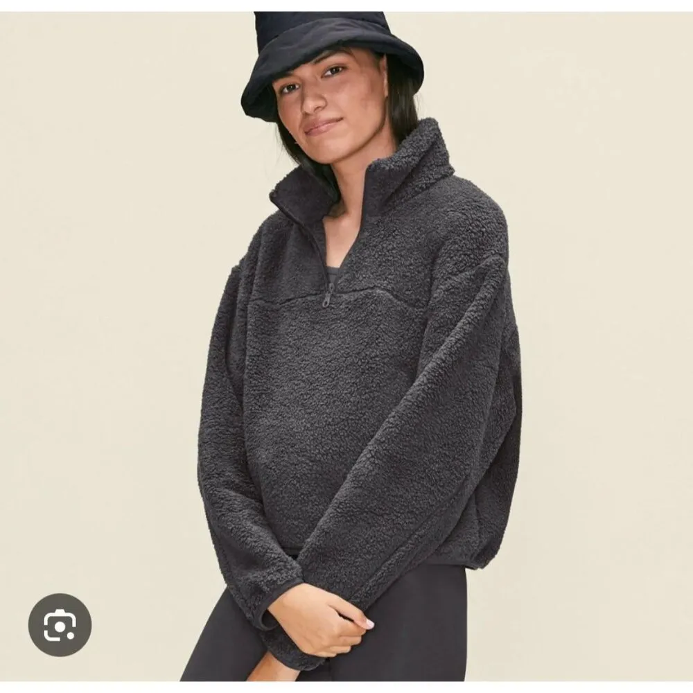 Girlfriend Collective Sherpa Pullover Women Medium Grey Crop Quarter Zip - Image 8