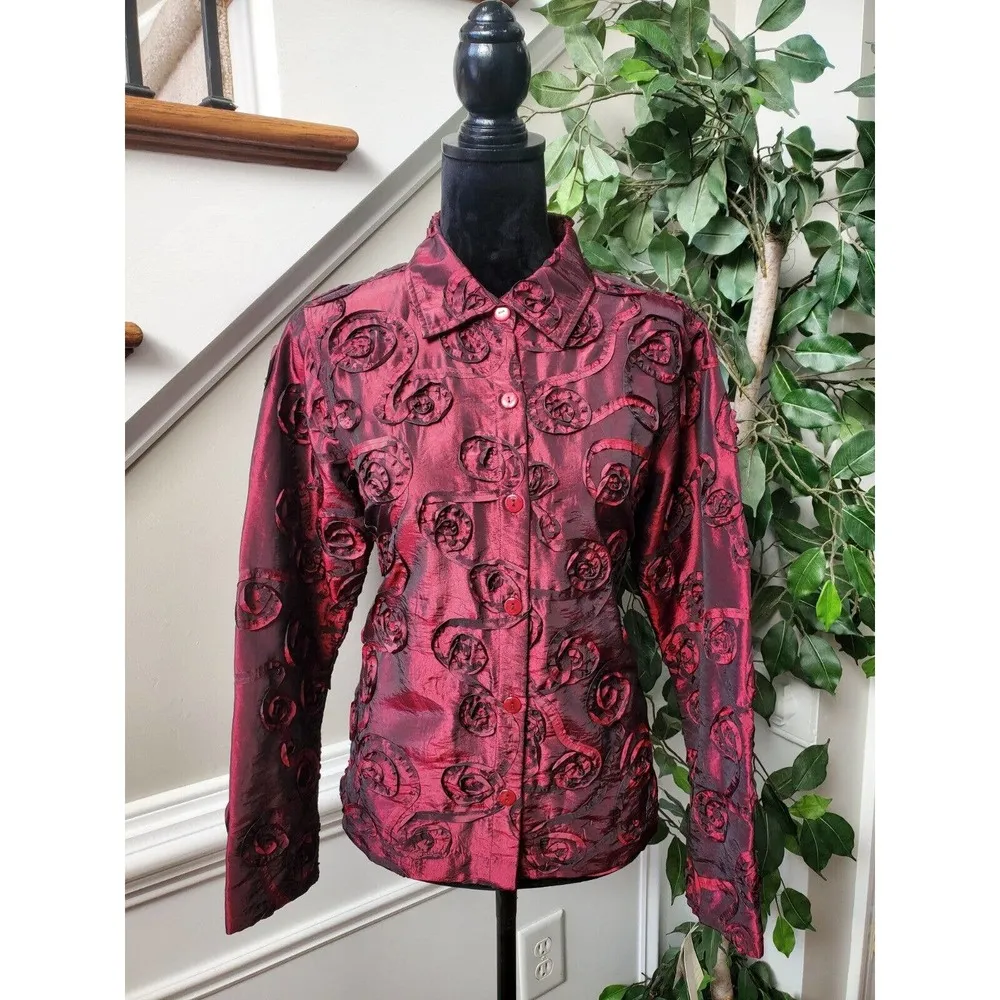 Scott Taylor Women Burgundy Polyester Collared Long Sleeve Buttons Down Shirt M Red Size M - Image 11