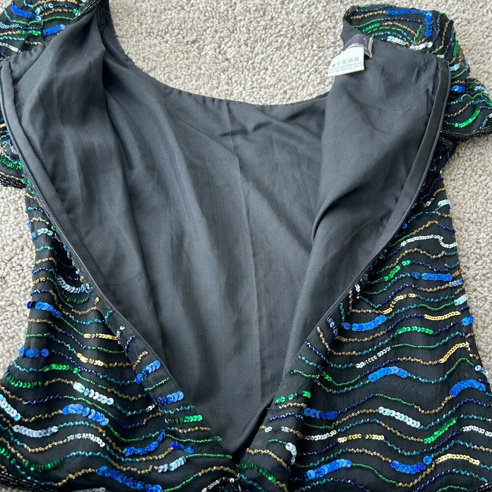 80s Vintage Laurence Kazar Blouse Sequin Beaded Silk Shirt Striped Glam Retro - Image 11