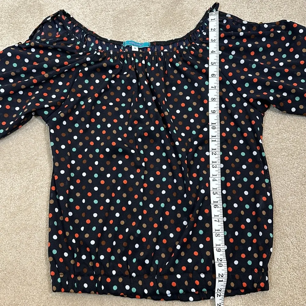 Julie’s Closet Black Polka Dot Off the Shoulder Cut Out Sheer Top Women Medium - Image 5