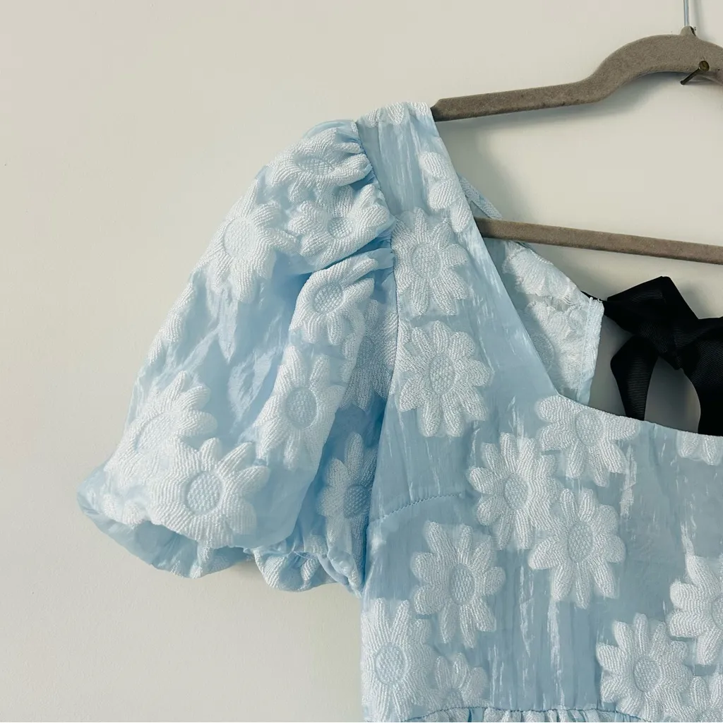 TopShop Baby Blue Floral Embossed Puff Sleeve Babydoll Mini Dress 8 - Image 3