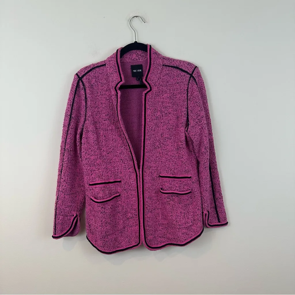 Nic +Zoe Pink Textured Boucle Tweed Blazer Black Piped Fitted Jacket Large - Image 2