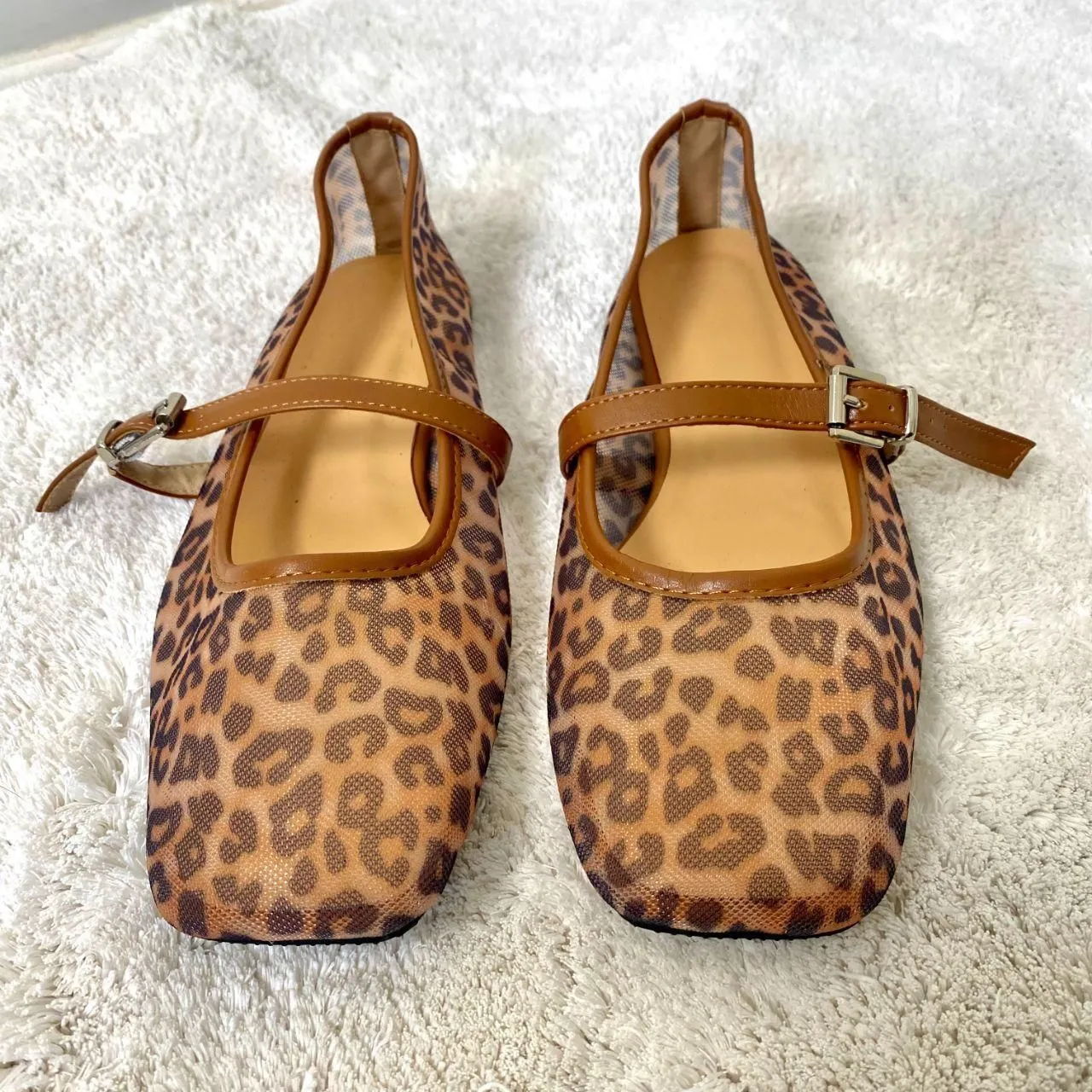NEW Mary Jane Square Toe Mesh Tan Brown Leopard Ballerina Shoes US 7.5 - Image 3