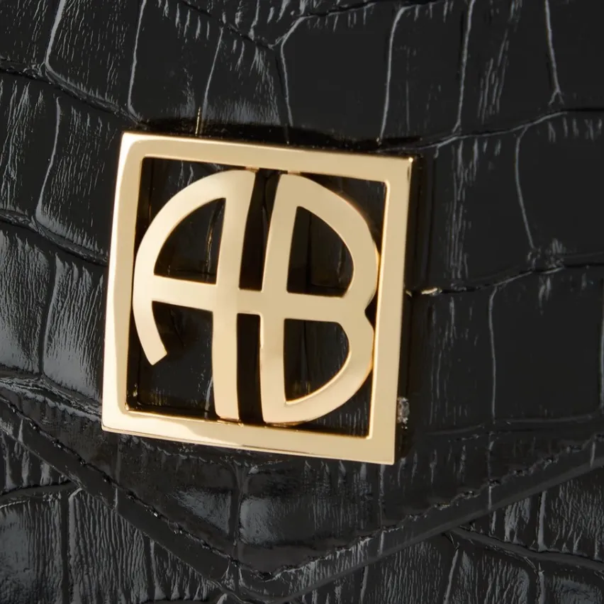 NWT ANINE BING Elly croc embossed leather envelope clutch bag with strap black - Image 4