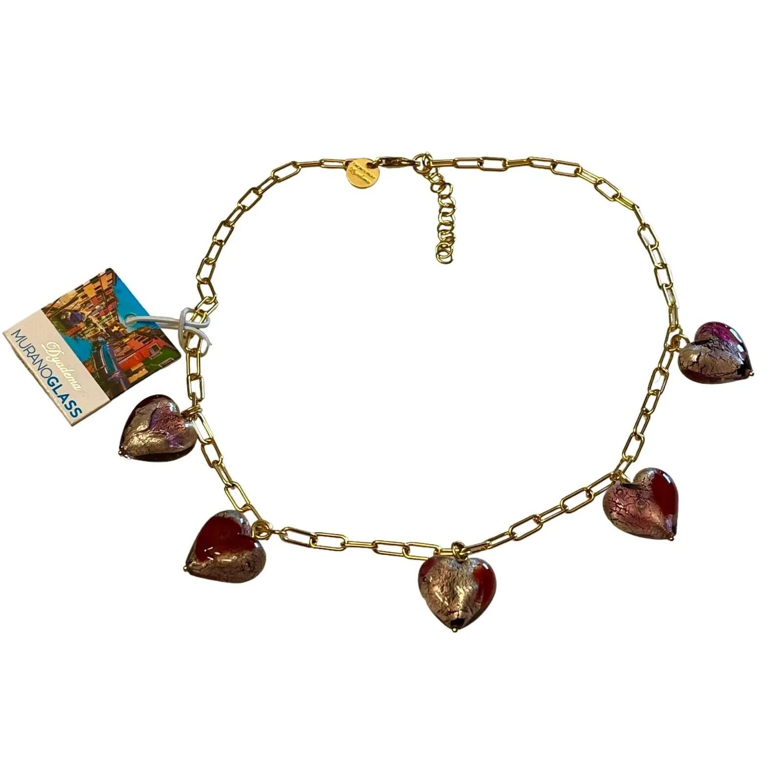 Murano Glass Heart Necklace Gold Chain Foil Dyadema Station Hearts Venetia Italy - Image 5