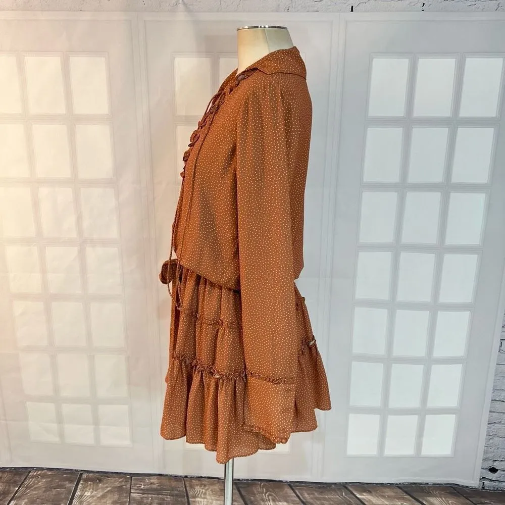 Alexis rozalyn tan spotted long sleeve lace up mini dress size small - Image 10