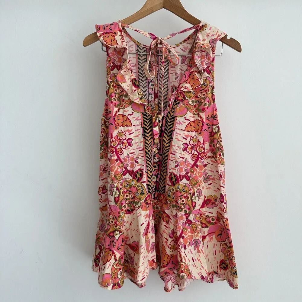 Free People Tunic Small Tulum Floral Boho Linen Blend Flowy Flounce Top Festival - Image 6