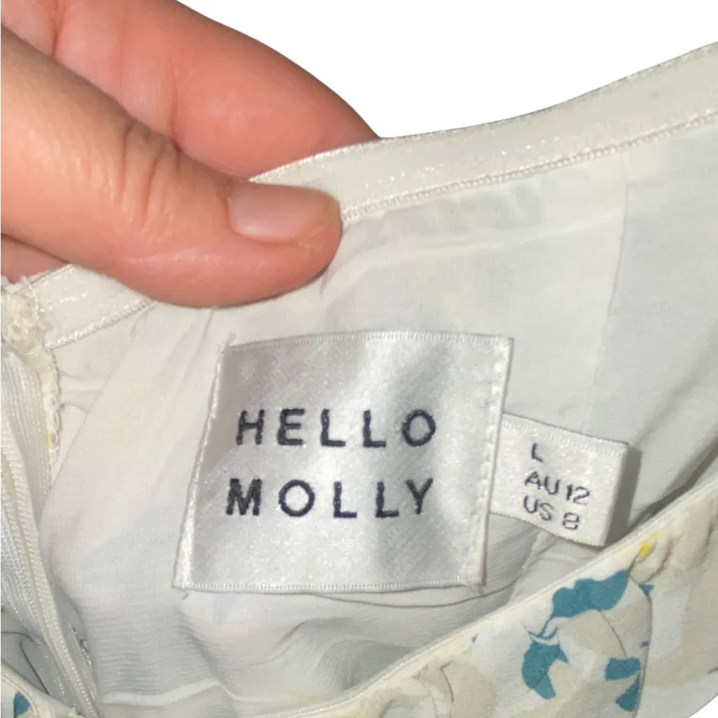 Hello Molly Double Text yellow green multi leaf Ruffle milkmaid Mini dress sz L - Image 6