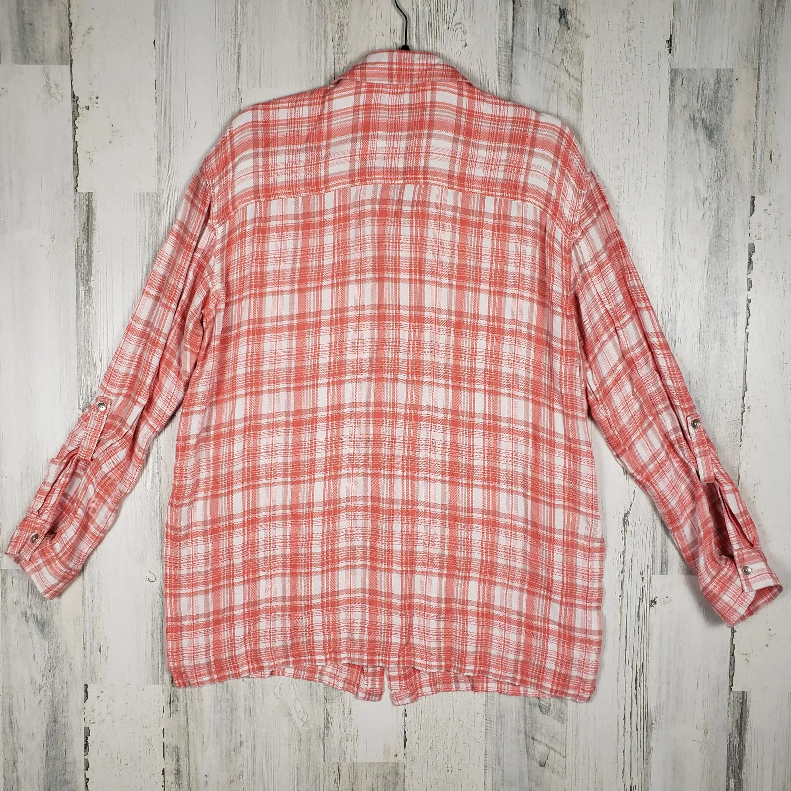 Calvin Klein Jeans Coral Orange Plaid Long Sleeve Button Down Shirt Size Large - Image 6