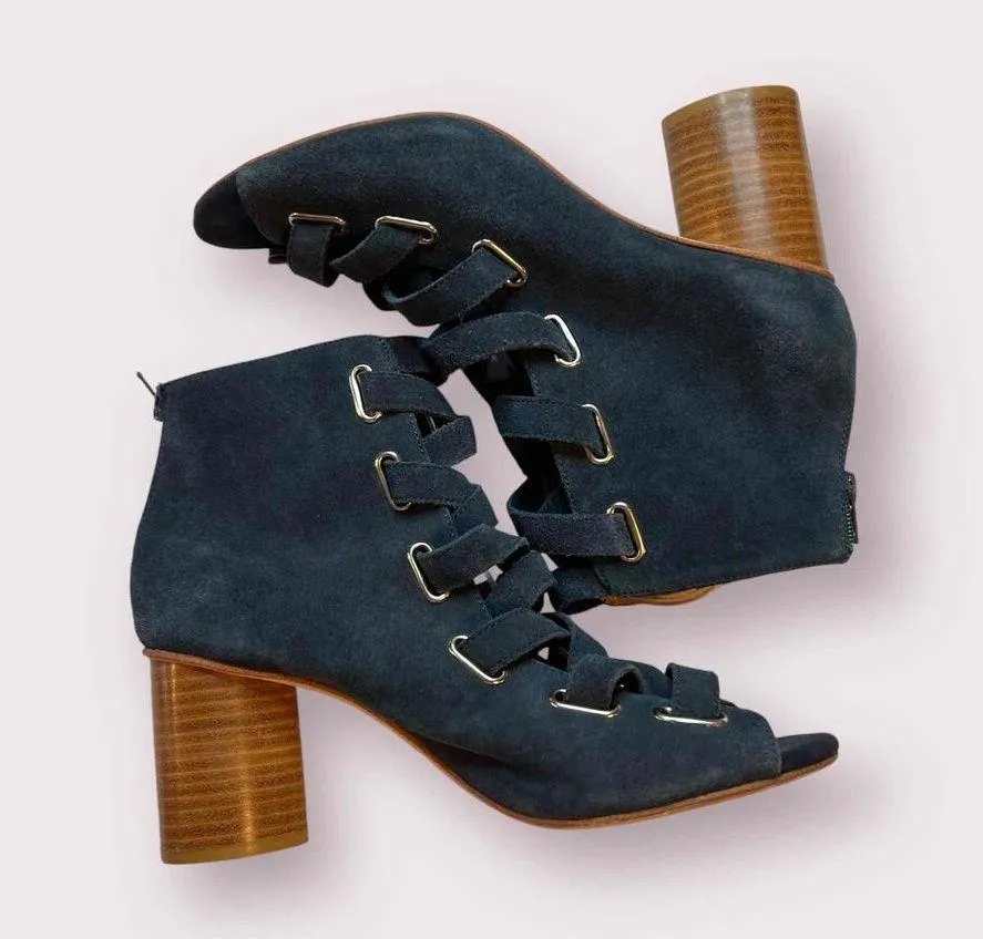 Jeffrey Campbell Blue Suede Lace Up Block Heel Peep Toe Salazar Sandals Size 9.5 - Image 6