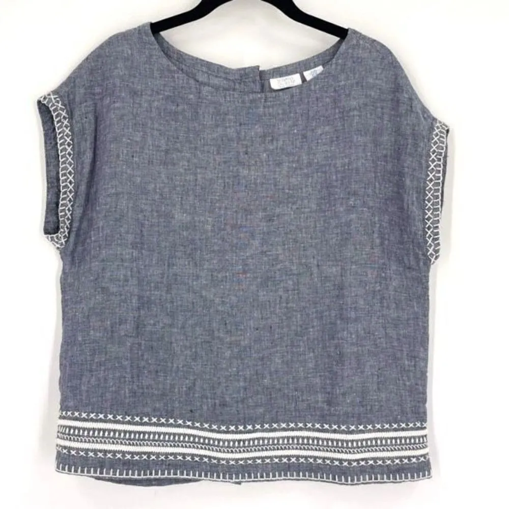 Sigrid Olsen Women's Linen Chambray White Embroidered Trim Top Blue Size XS - Image 1