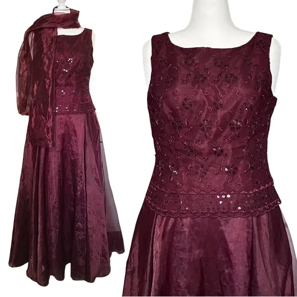 Vintage 90s Maroon Whimsigoth Prom Dress & Scarf XL Sequins A Line Vamp Romantic Purple - Image 2