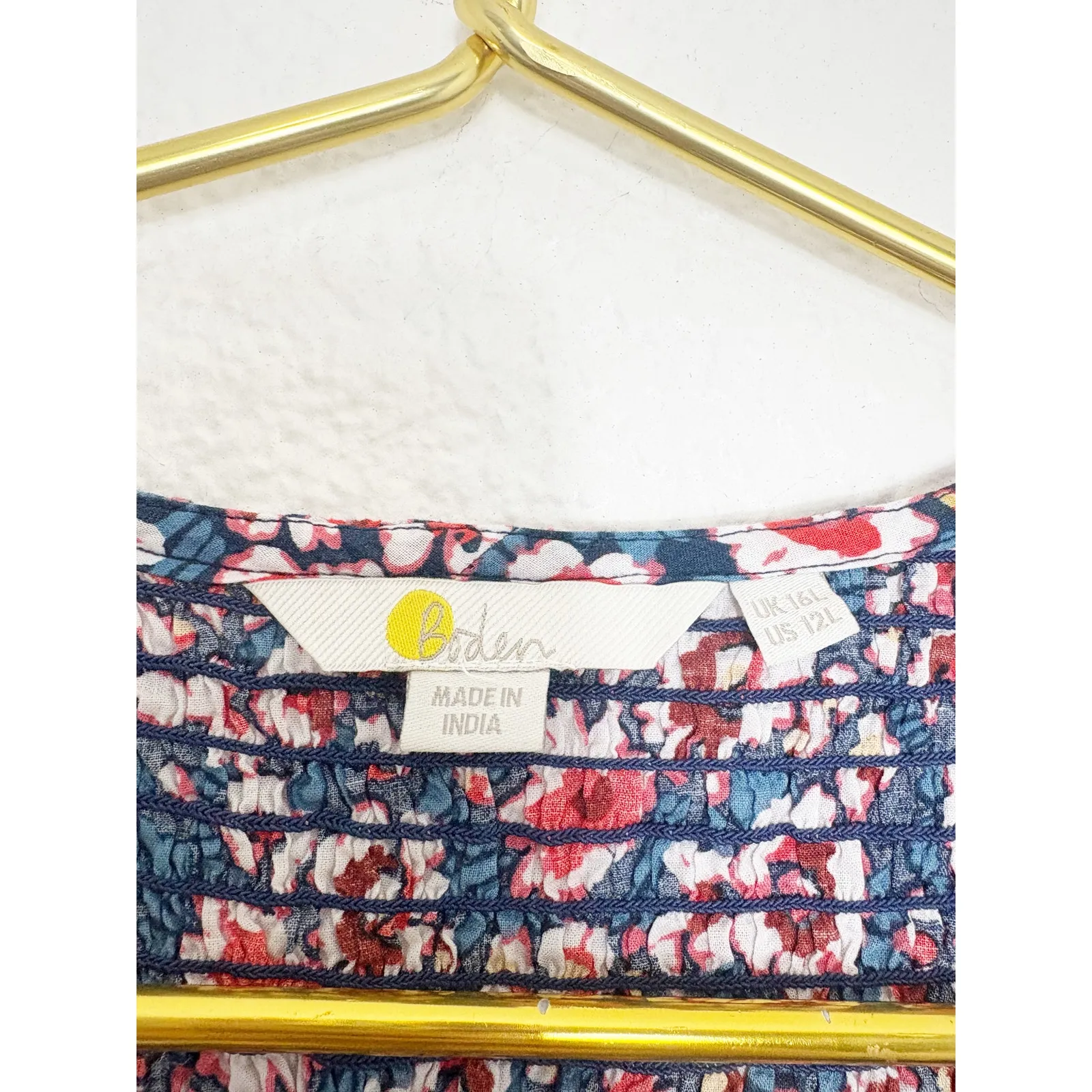 Boden Smocked Bodice Mini Dress Size 12L Blue Floral Long Sleeve Boho Preppy - Image 6