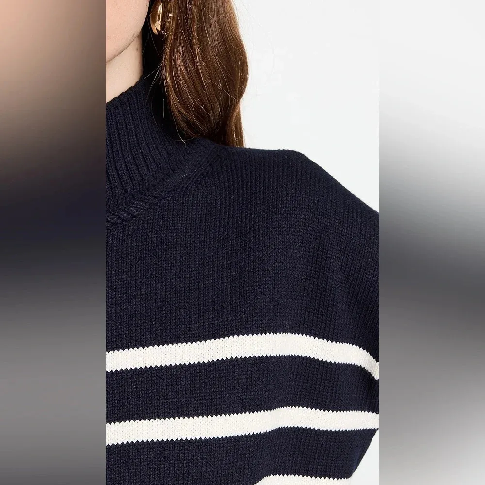 Veronica Beard Jean Lancetti Sweater Navy White Stripe Turtleneck Ribbed - Image 3