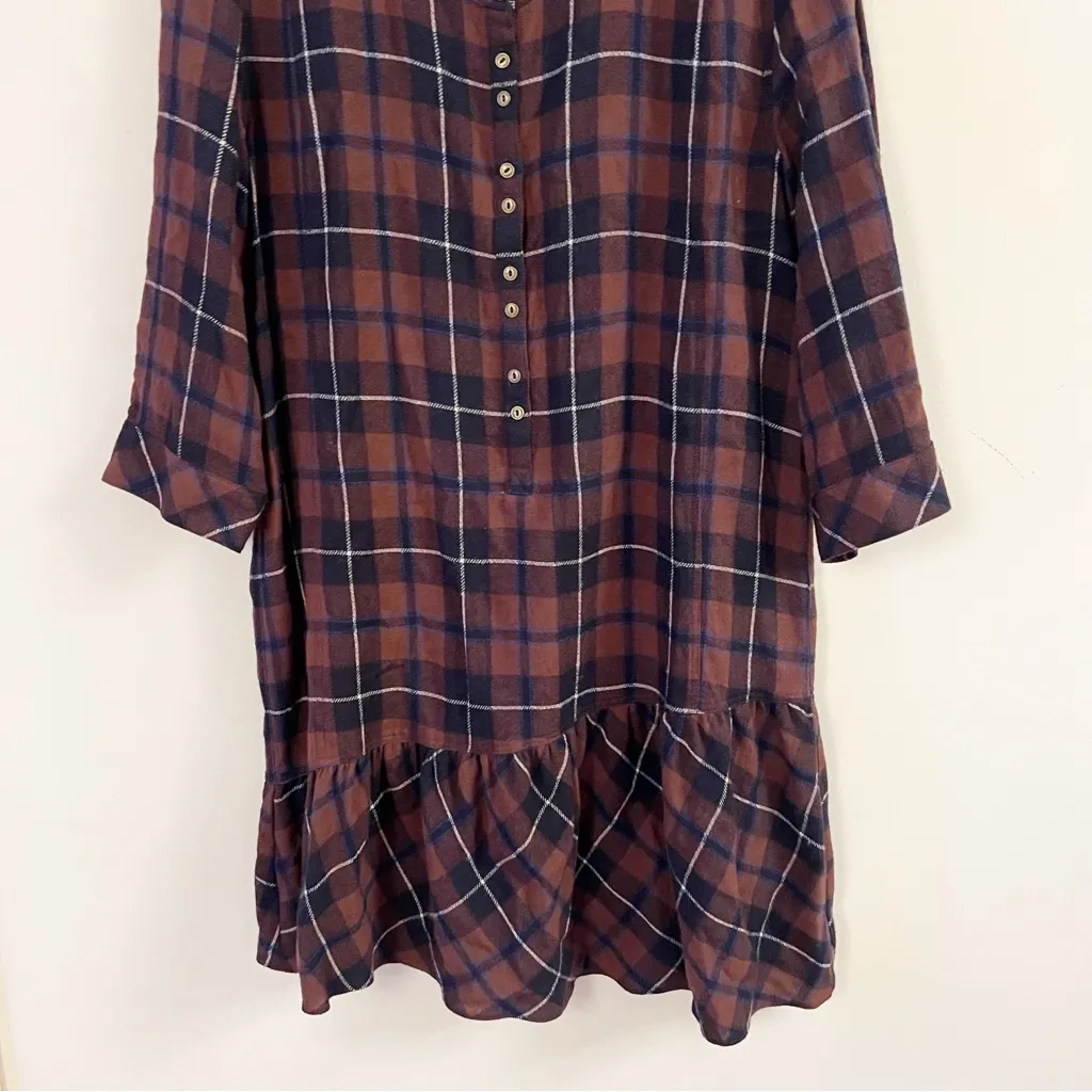 Wrap London Wool Blend Check Plaid Shirt Dress Brown Size 10 Ruffle Hem - Image 3