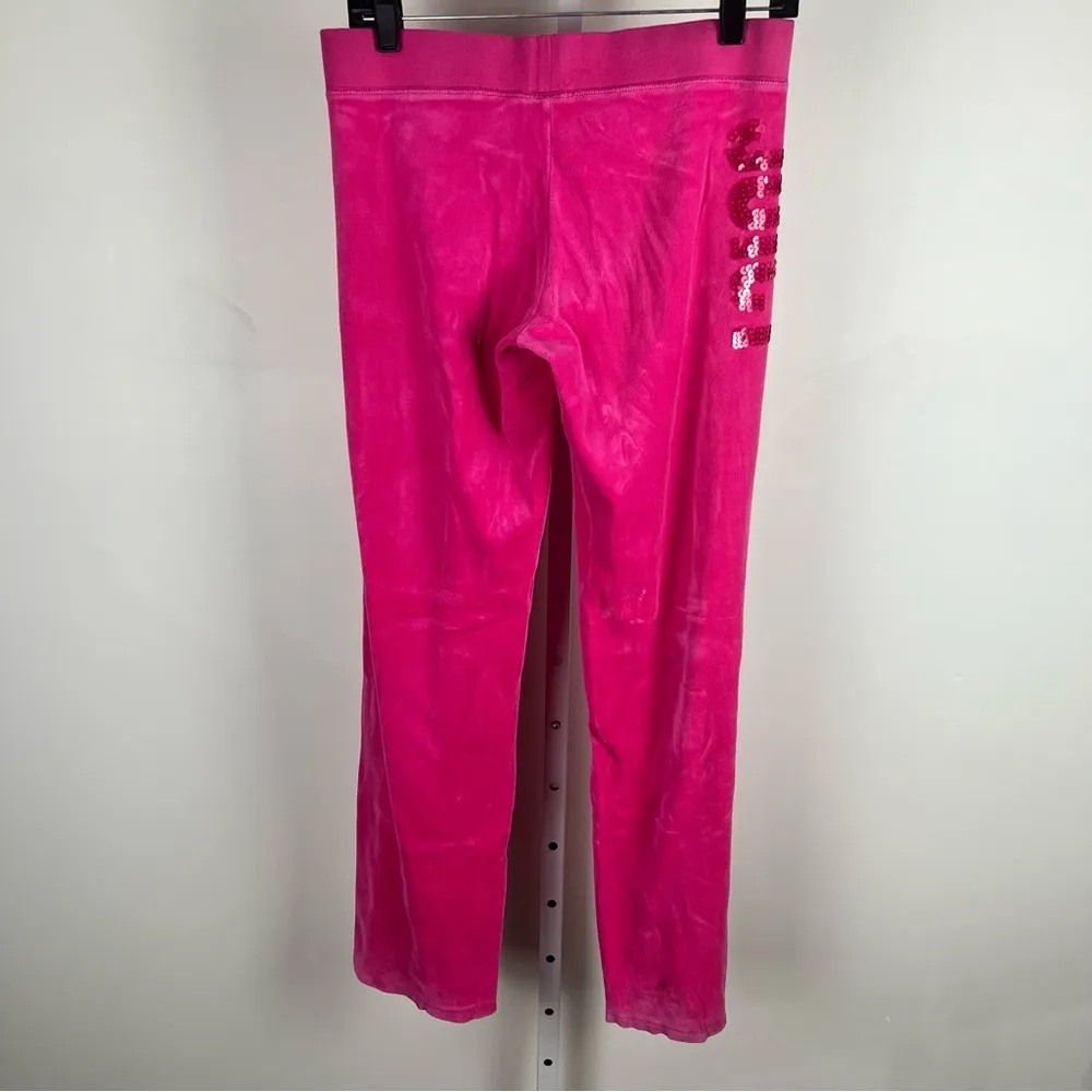 Juicy Couture Pink Velour Pants Sz S Sequin Logo Spellout Y2K * Flawed But Fab * - Image 2