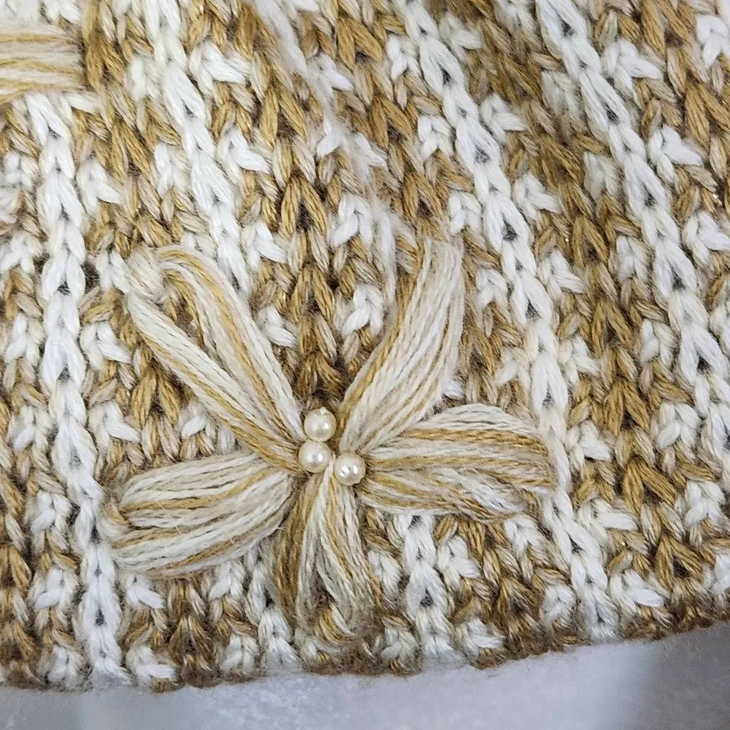 Coldwater Creek Brown and Cream Embellished Knit Scarf with Flower Accent - Image 4