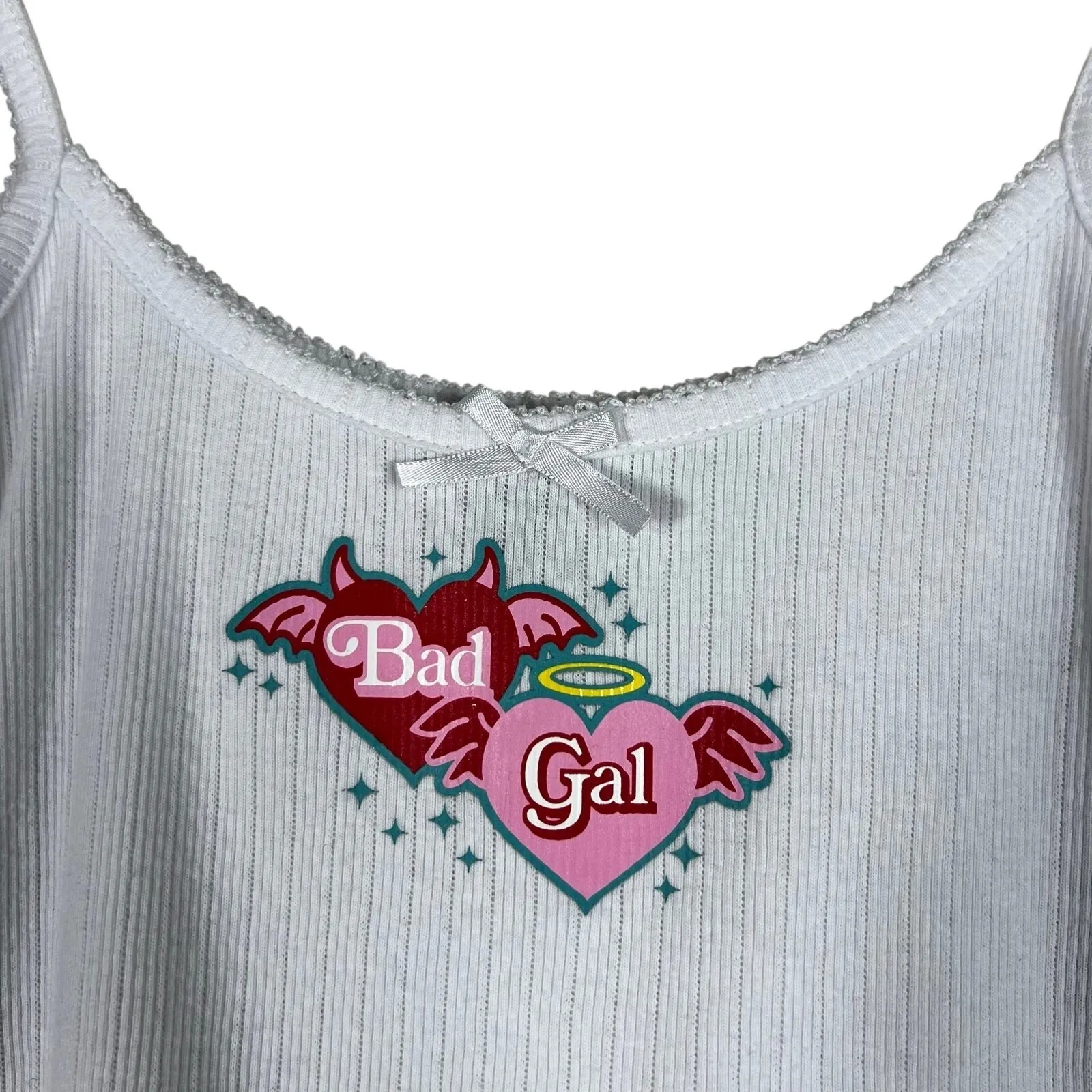 Forever 21 Tank Top Womens M White Bad Gal Heart Ribbed Crop Y2K Retro Coquette - Image 3