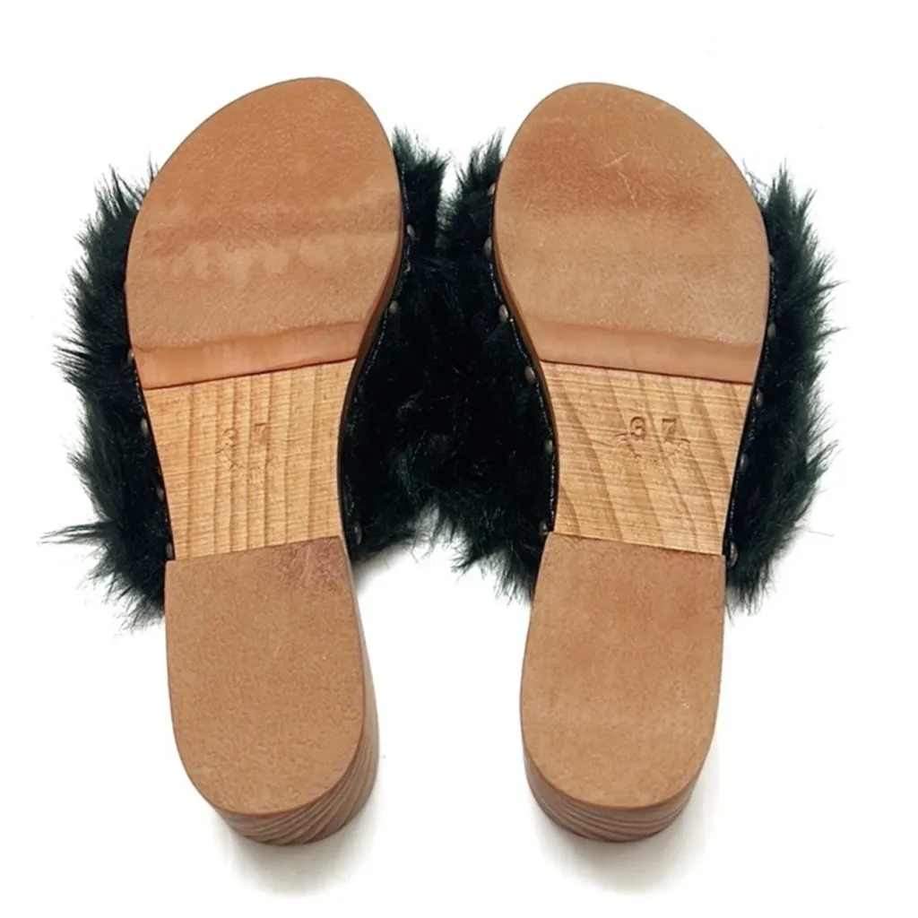 Free People Wooden Clog Black Faux Fur Sonnet Clog Sandals Size 37EU Size 6 - Image 6