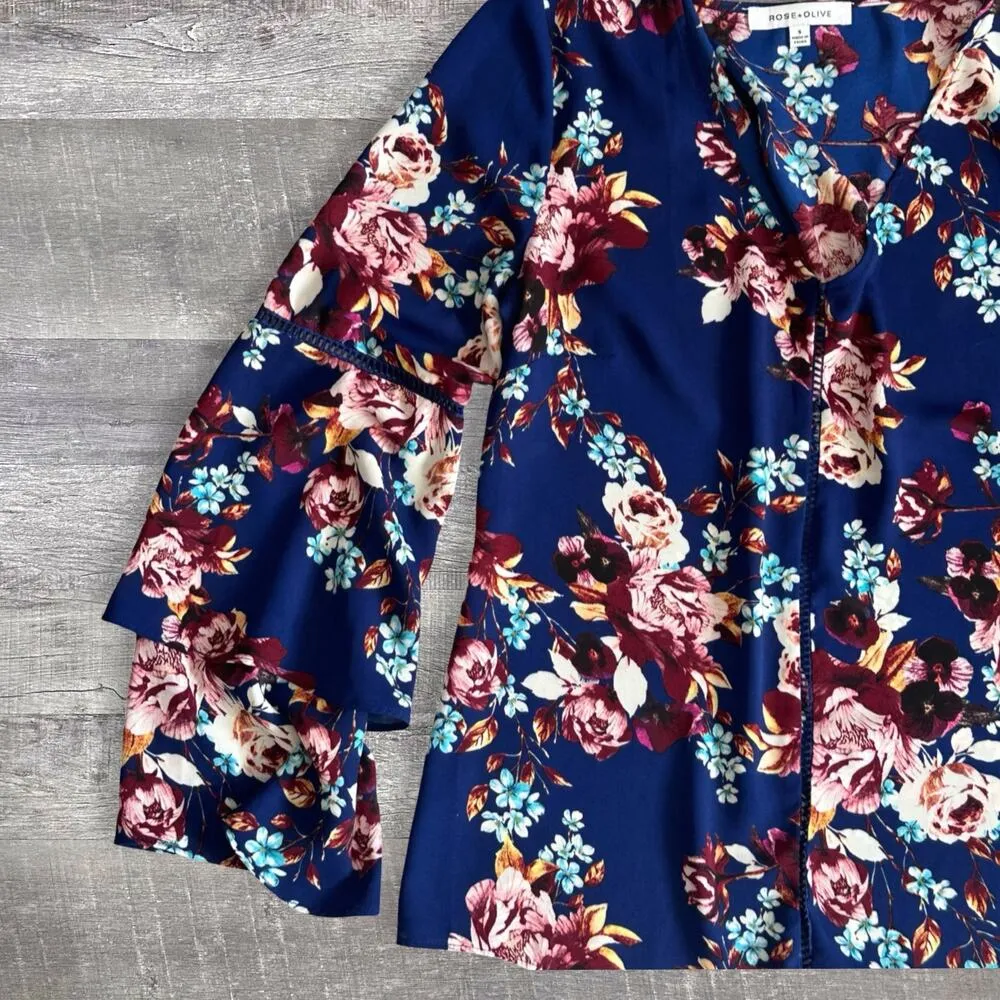 Floral Peasant Top Women S Flare Bell Long Sleeve Blouse Navy Blue - Image 2