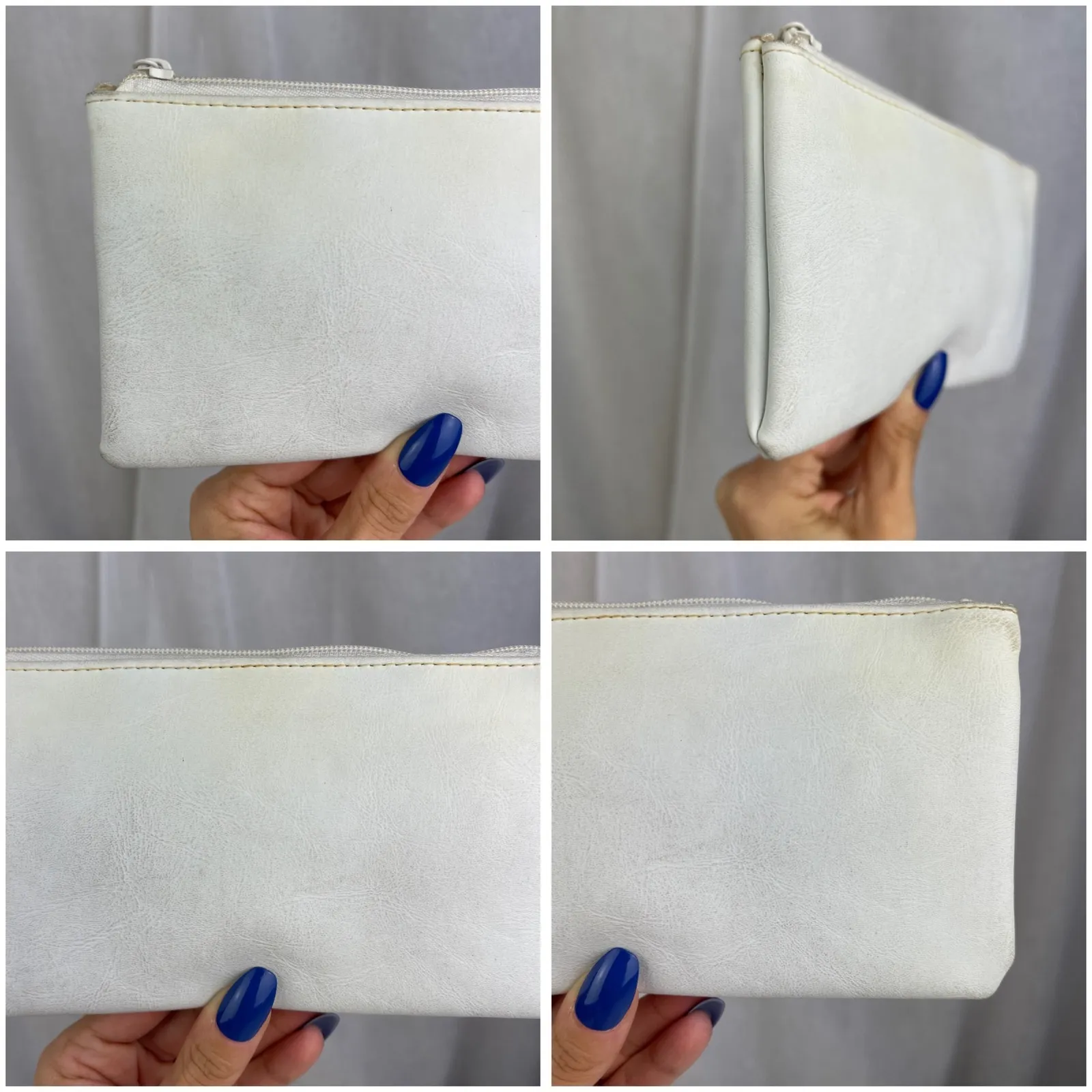 VTG 70s 80s White Leather Makeup Bag Travel Purse Coin Pouch Cosmetic Case - Image 2