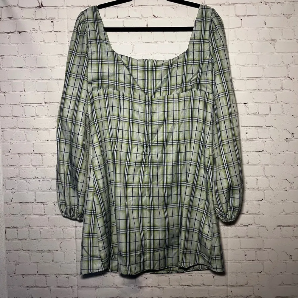 Princess Polly Green Plaid Square Neck Puff Sleeve Mini Dress Size 10 - Image 4