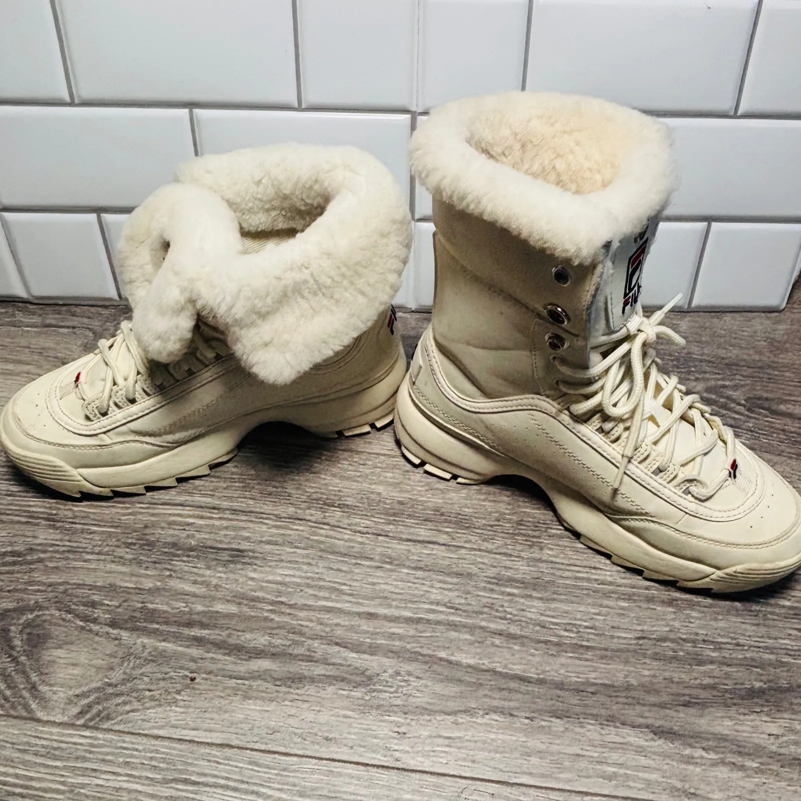 Fila Disruptor Lug Boot Winter White Faux Fur Trim Lace Up Ankle Boots Size 7 - Image 14