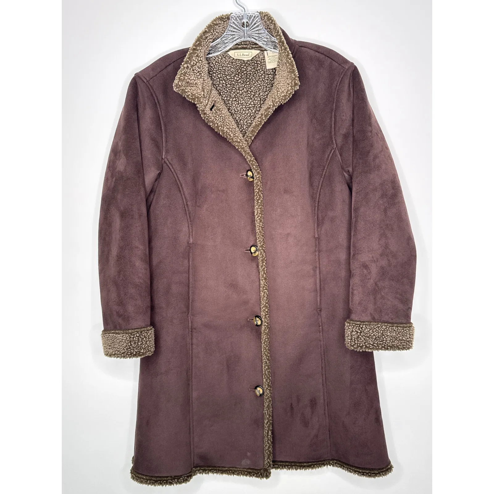Vintage L.L. Bean Faux Shearling Suede Coat Brown Sherpa Lined XS Petite - Image 3