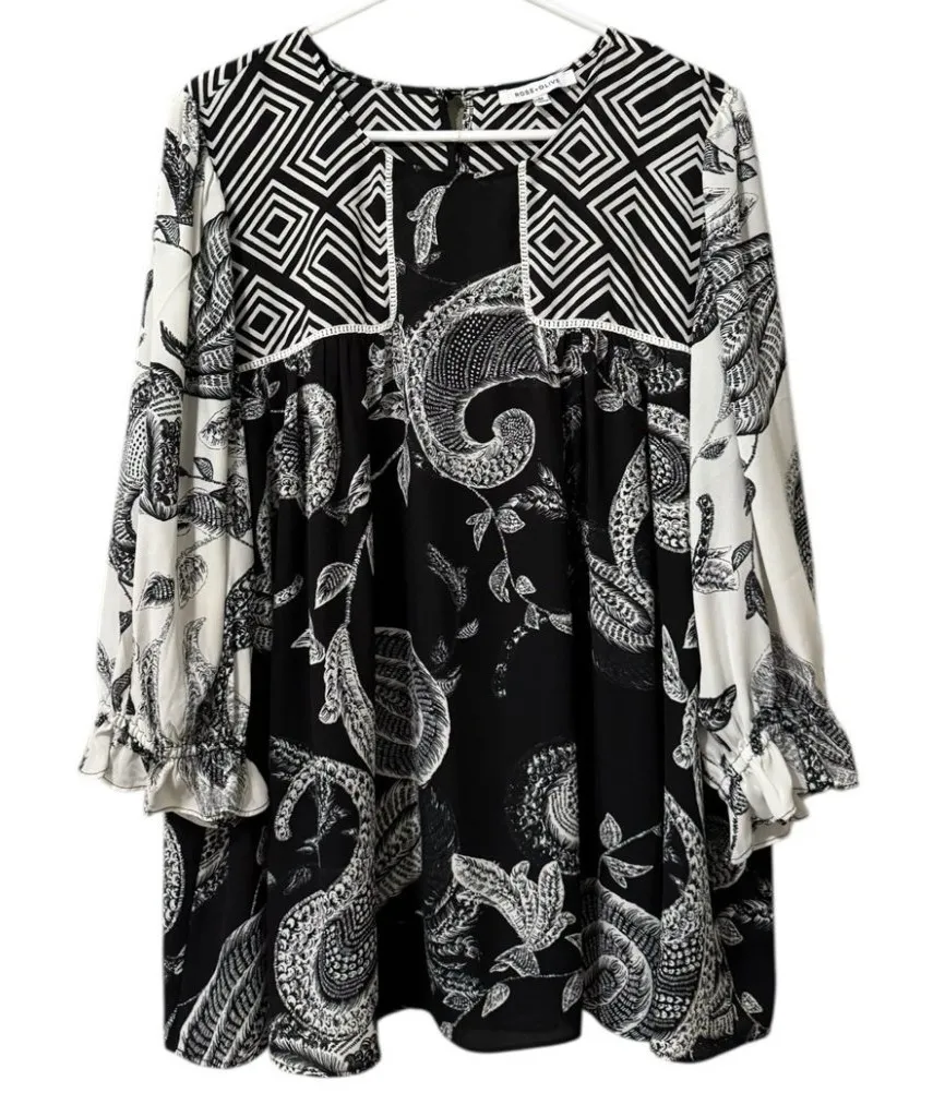 Rose+Olive Floral Paisley Long Sleeve Flowing Blouse Ruffle Sleeves Size 2X Boho - Image 1