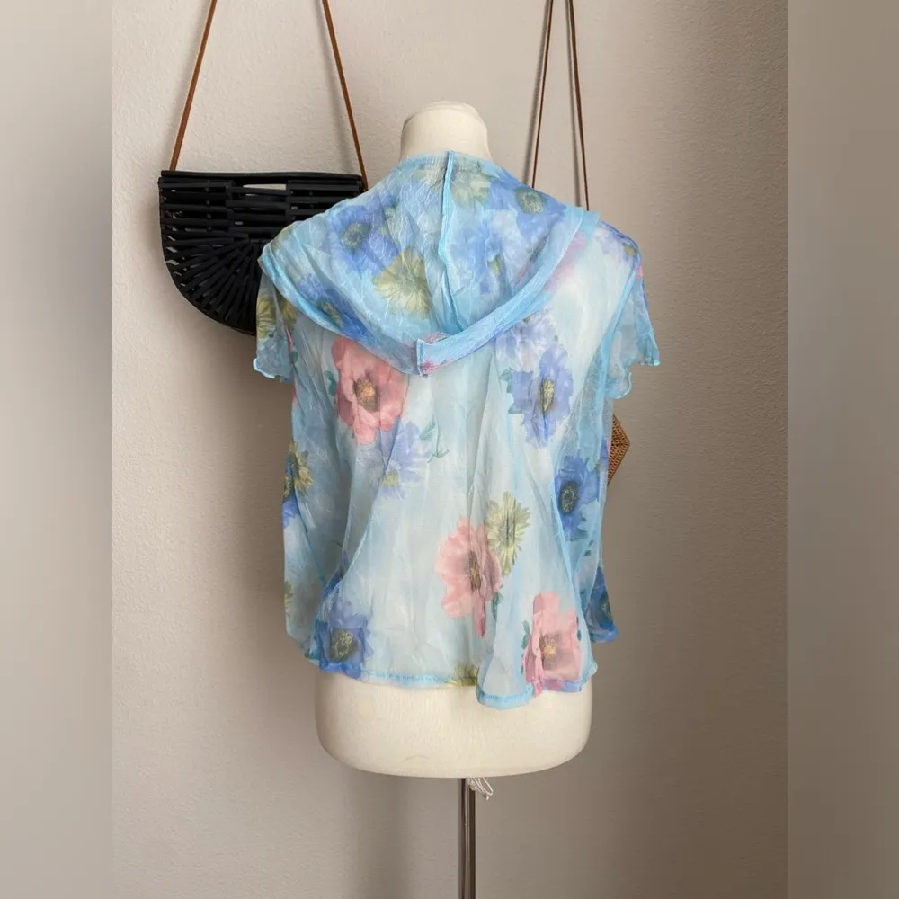Urban Angel Blue Floral Hooded Swim CoverUp Button Down, Size Medium - Image 2