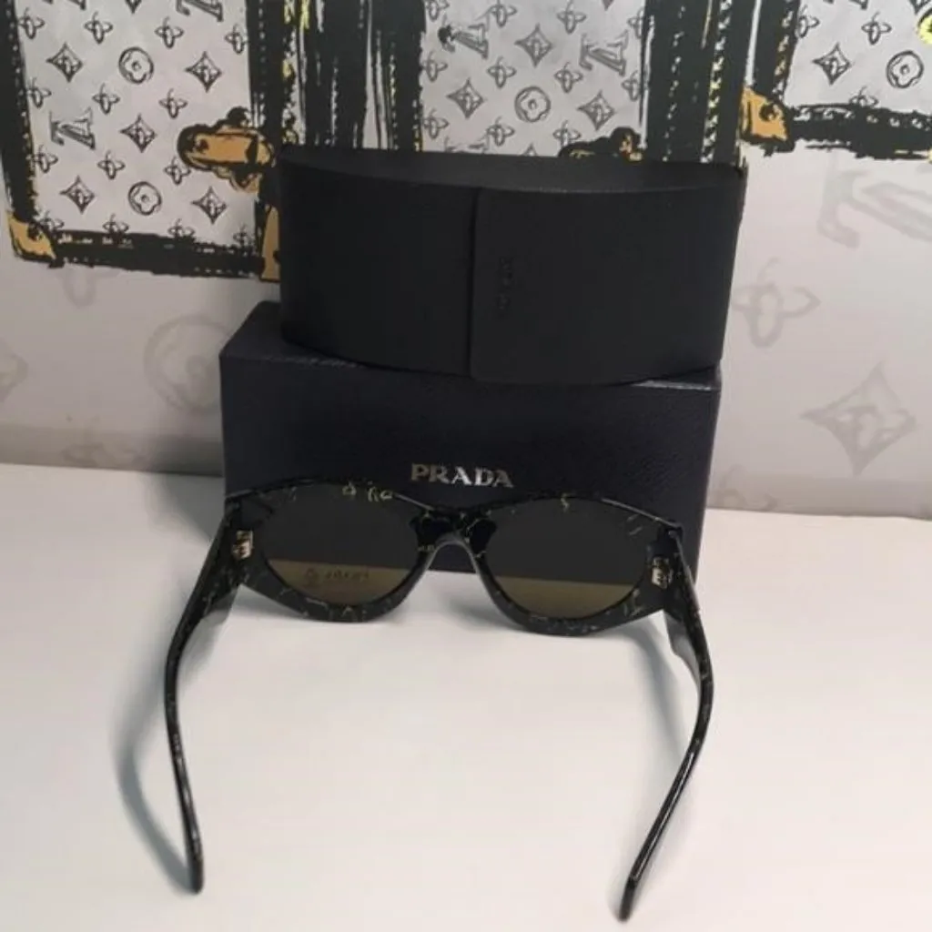 New Authentic Prada SPR 20Z Acetate Oval Symbole Sunglass– Black &Green Marbles - Image 9