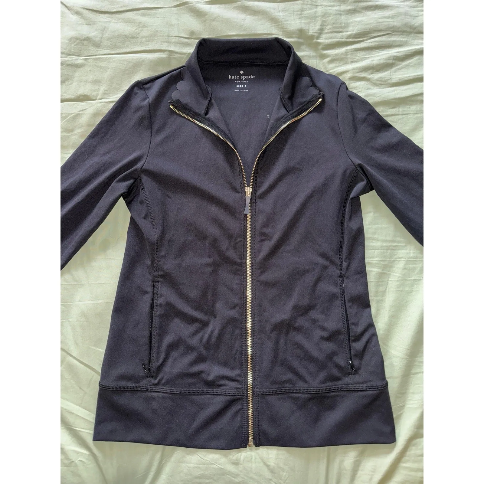 KATE SPADE Women Black Scallop Athleisure Zip Stretch Lightweight Jacket Sz S - Image 2