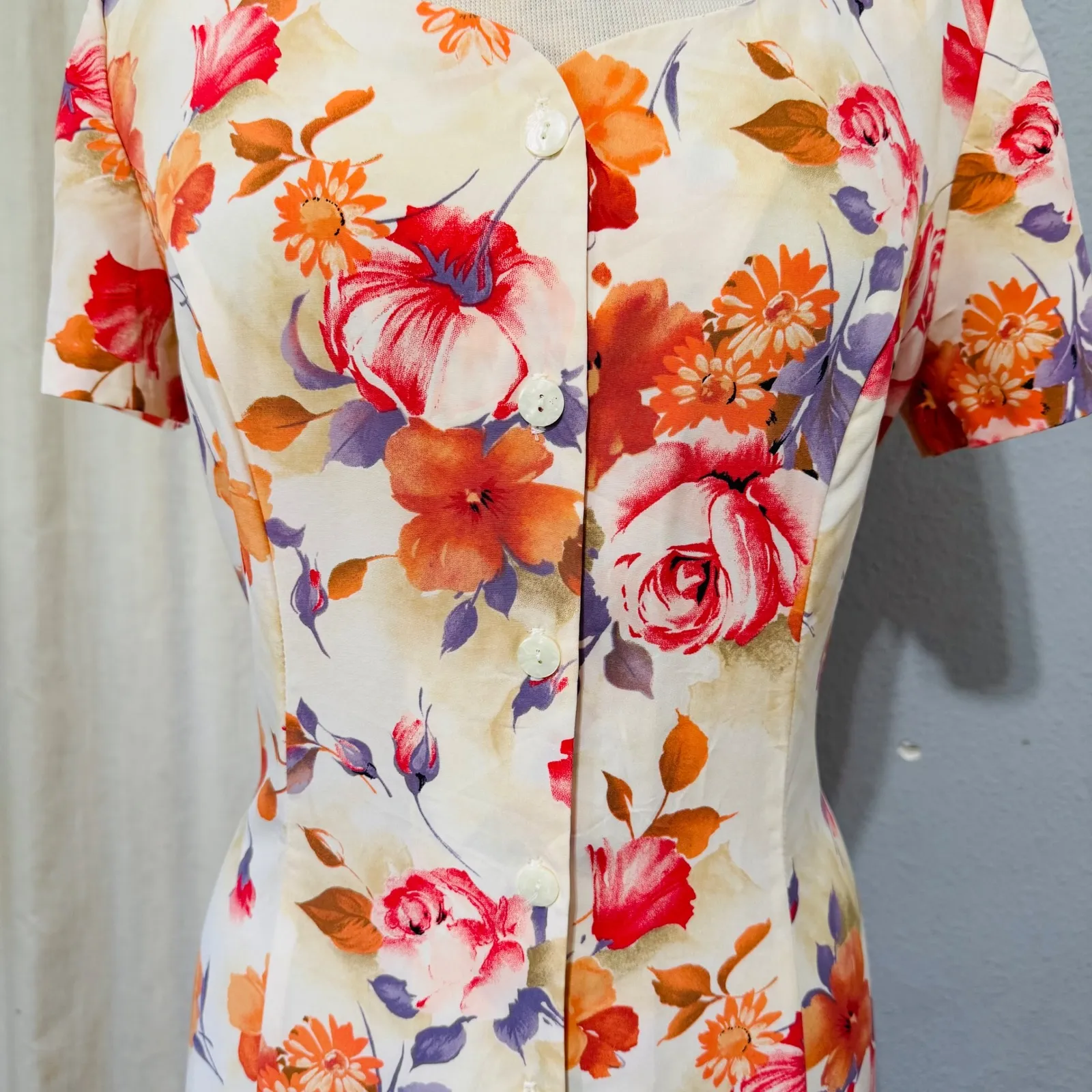 Vintage 90s Renzo Armoni Floral Button Front Maxi Unlined Dress Women Size 12 White - Image 5