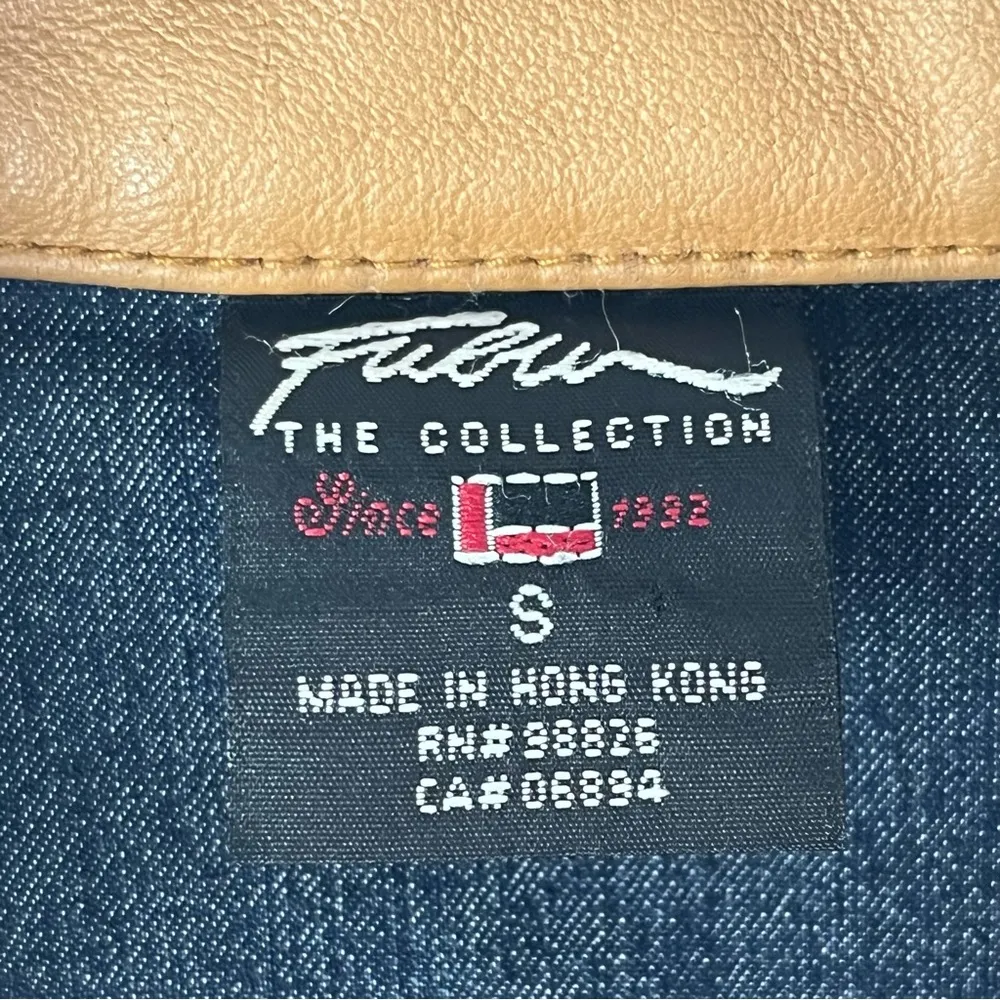 FUBU The Collection Patchwork Leather Trim Distressed Denim Coat, Size Small Tan - Image 3