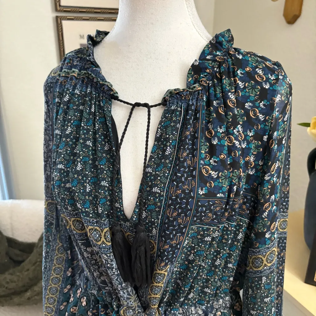 MISA LOS ANGELES Navy Paisley Short Dress Long Sleeves Boho Fall Size Small - Image 2