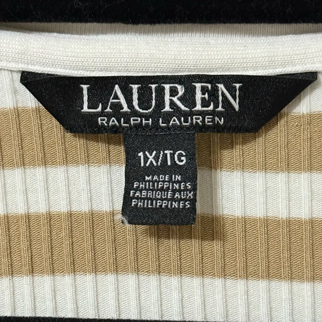 Black Label Lauren Ralph Lauren 1X Ribbed Knit Striped Neck Elbow Length Henley Tan - Image 4
