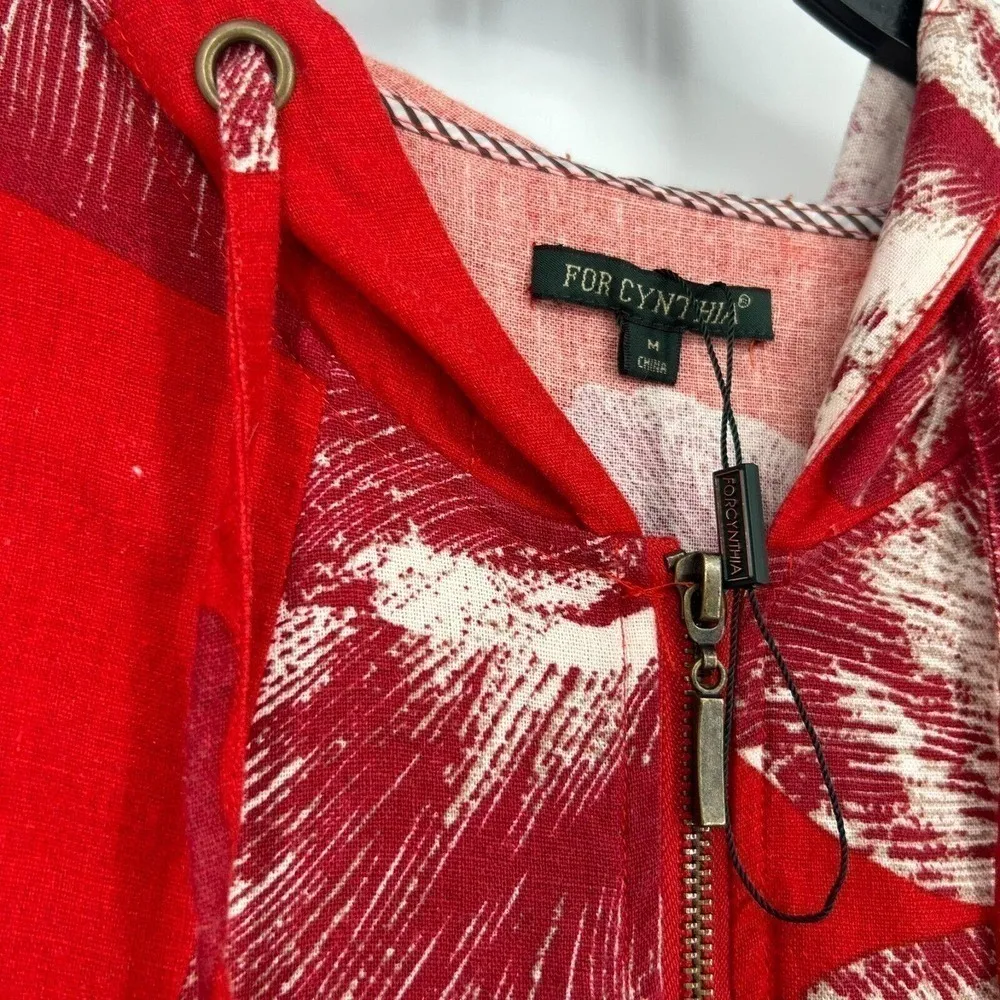 NEW For Cynthia Linen Blend Sleeveless Jacket Red Floral Asymmetric Pock… - Image 9