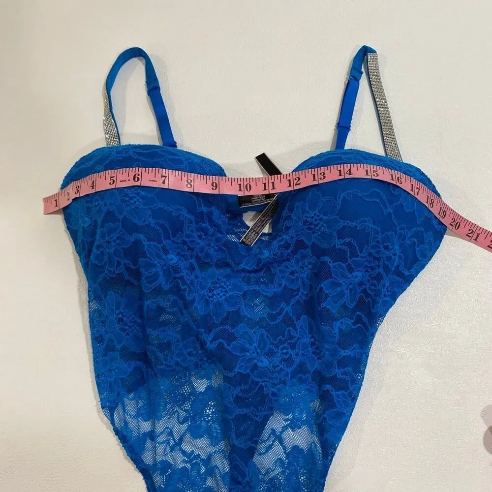 Victoria’s Secret Blue Lace Rhinestone Strap Bodysuit XL Sexy Sheer One Piece Li - Image 5