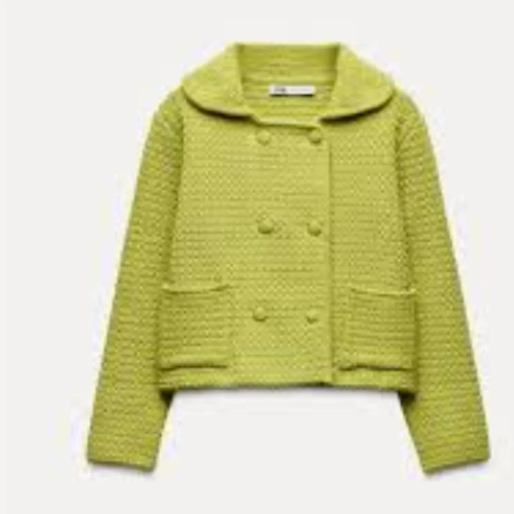 NWT ZARA Lime Green CHUNKY KNIT CARDIGAN WITH PETER PAN COLLAR - Image 7