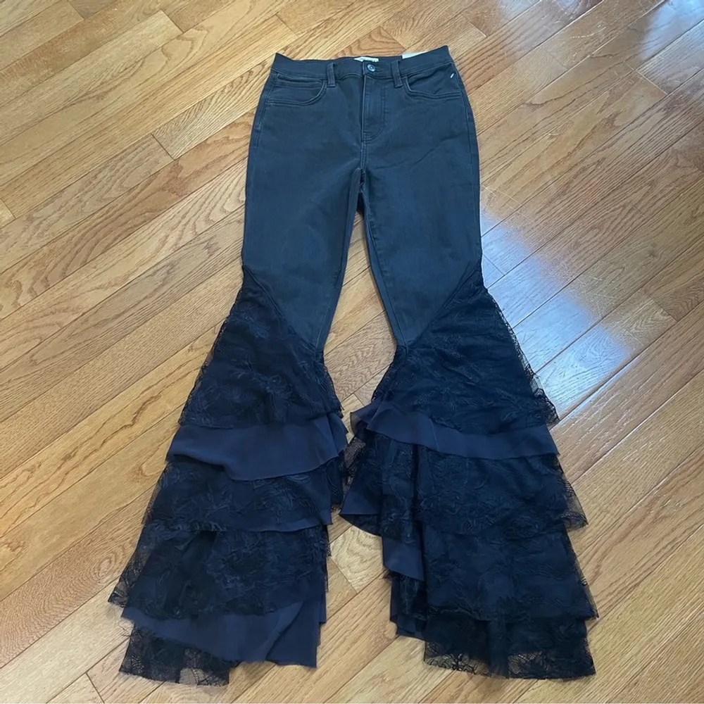 FREE PEOPLE We The Free Mystique Lace Flare Jeans Black Retro Whimsical Sz 28 - Image 14