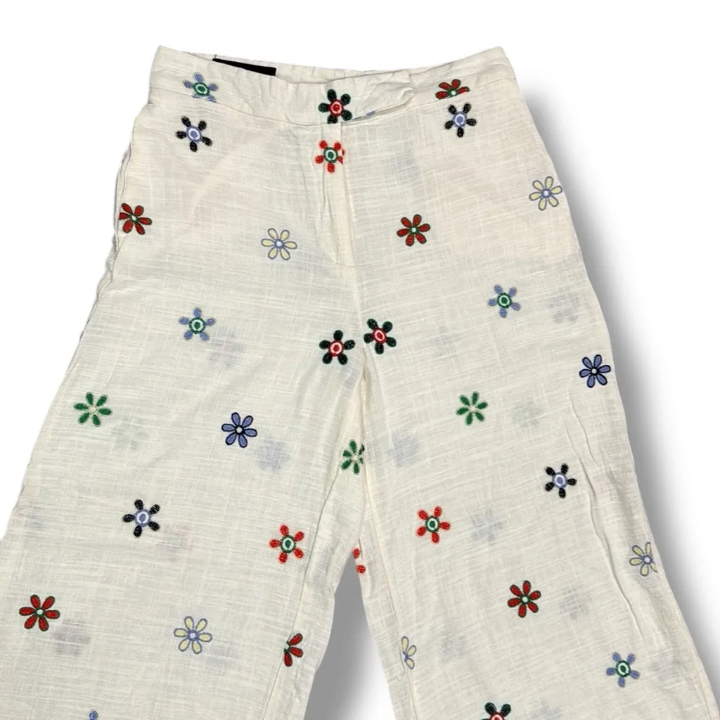 Zara Embroidered‎ Linen Blend Wide Leg Pants Size Medium - Image 6