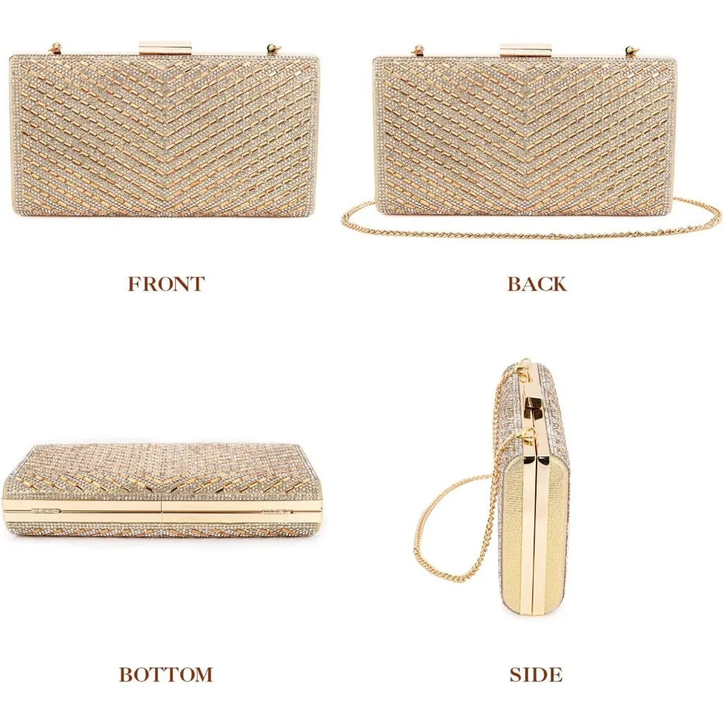⚡ Women's Sparkly Rhinestone Glitter Metal Clasp Chain Evening Gold Clutch Bag - Image 4