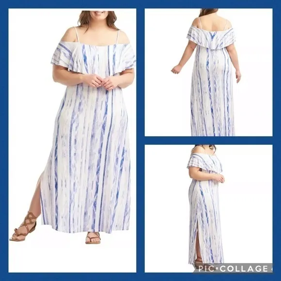 NWT  Blue & White Off Shoulder Stretchy Maxi Casual Vacation Dress S - Image 2