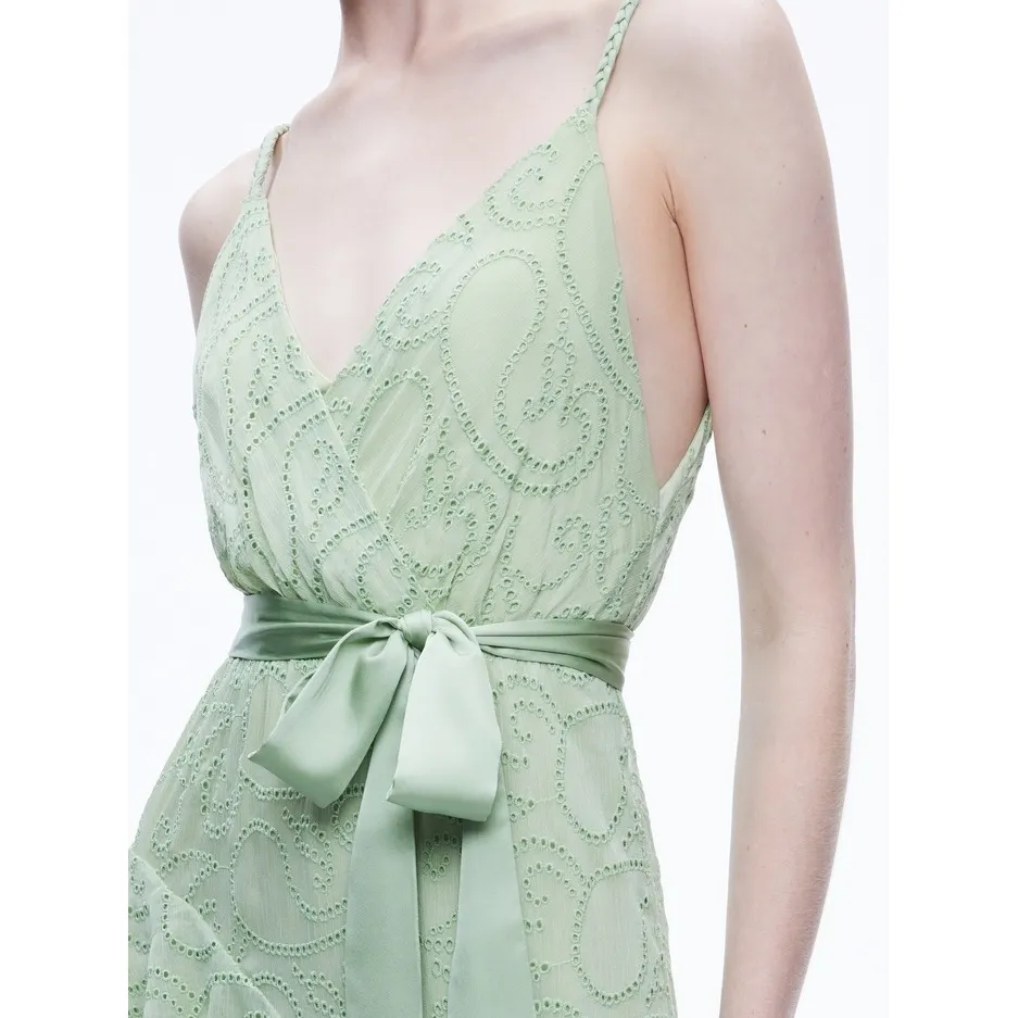 Alice+Olivia Sage Green Ruffle Maxi Dress V Neck Tie Waist Size 2 - Image 3