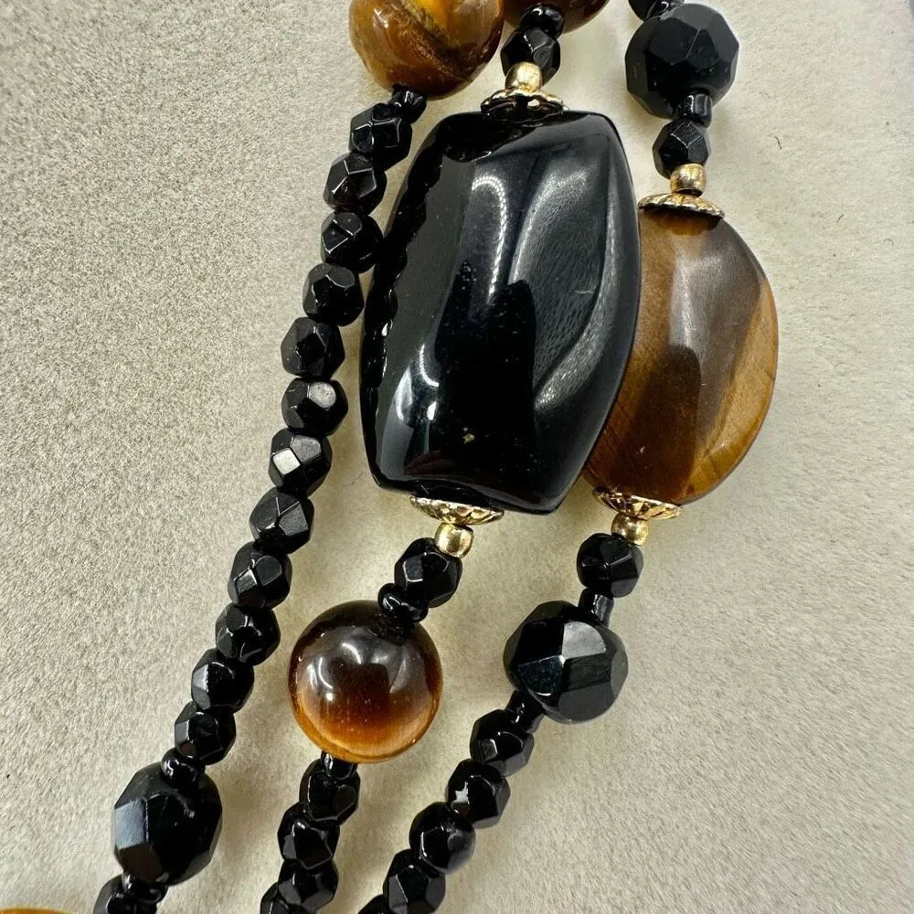 Obsidian and tigers eye long beaded necklace Black - Image 4