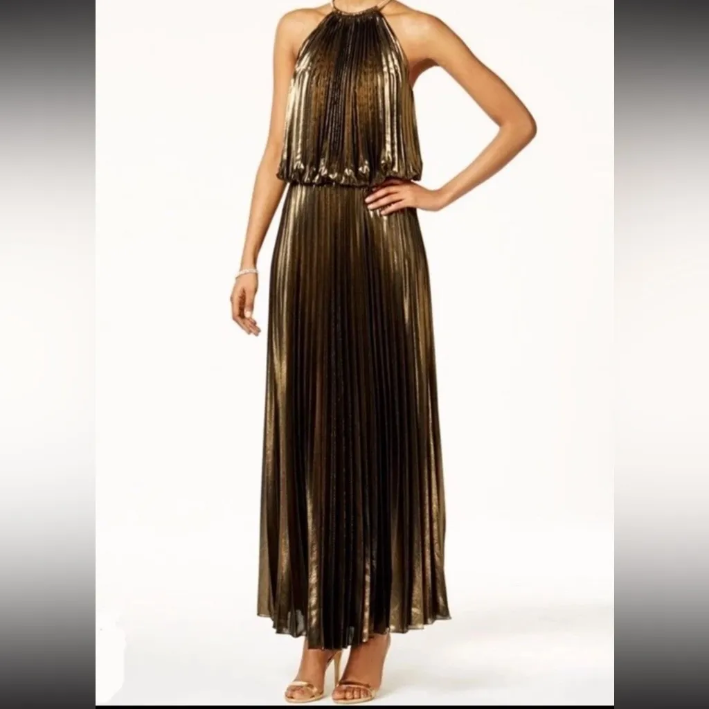 MSK Gold Metallic Pleated Blouson Gown Grecian Long Dress Size 12 NWT - Image 3