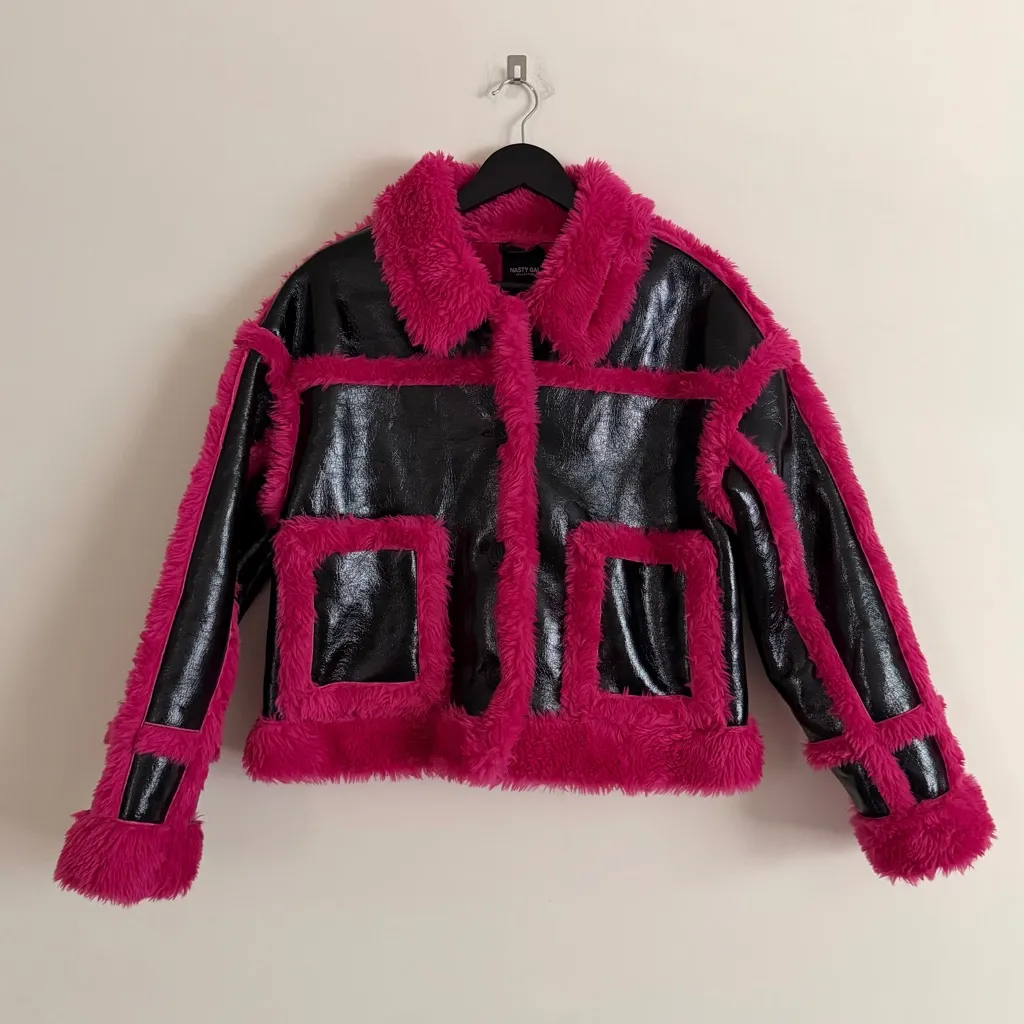 Nasty Gal Pink Black Faux Fur Vinyl Jacket Sz 4 NWOT Barbiecore Y2K - Image 2