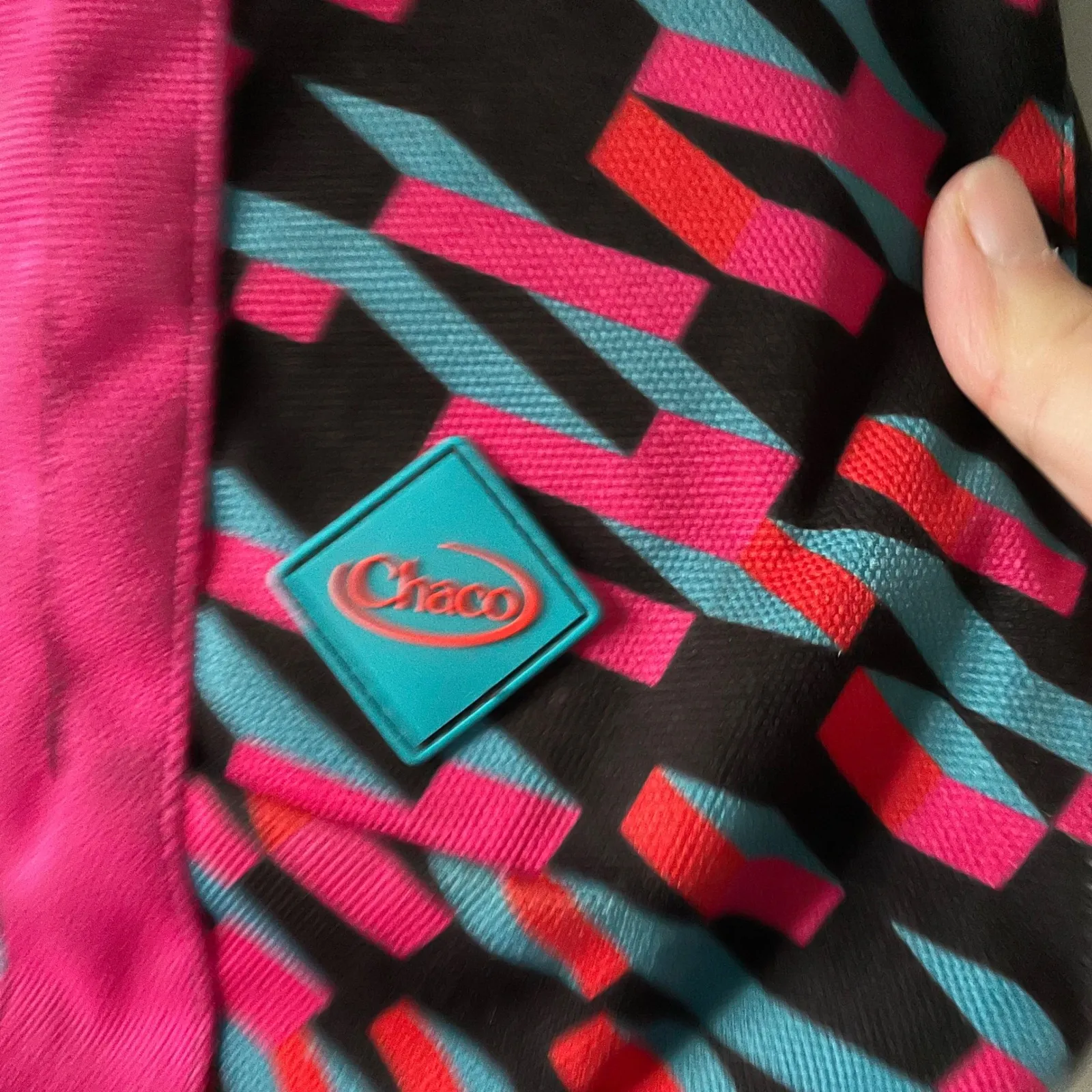 Chaco Sling Backpack Geometric Print Pink Teal Black Adjustable Strap - Image 9