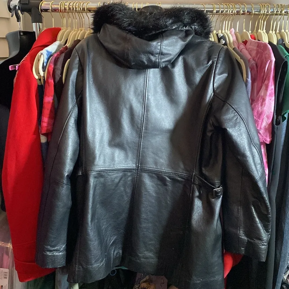 Massini Vtg Leather Jacket - L Hooded, Faux Fur Black Full Zip - Image 5